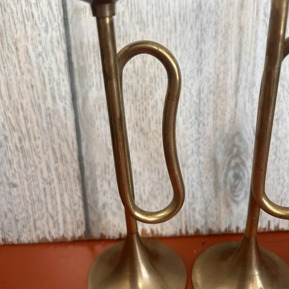 2 Vintage Brass Candlesticks Horn Shaped Made in Taiwan | 1960s 1970s